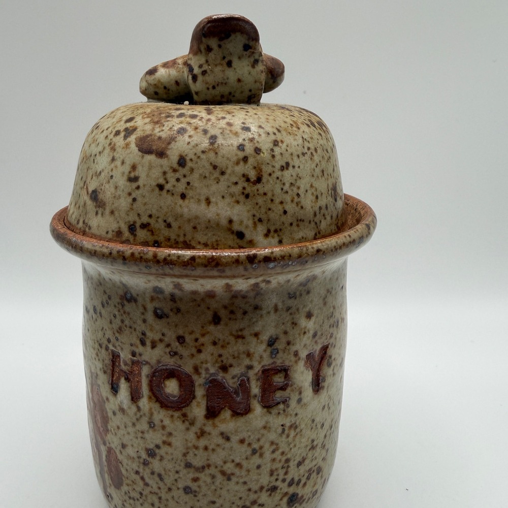 Vintage Studio Pottery Speckled Honey Pot with Lid Brown Tan Stoneware Jar